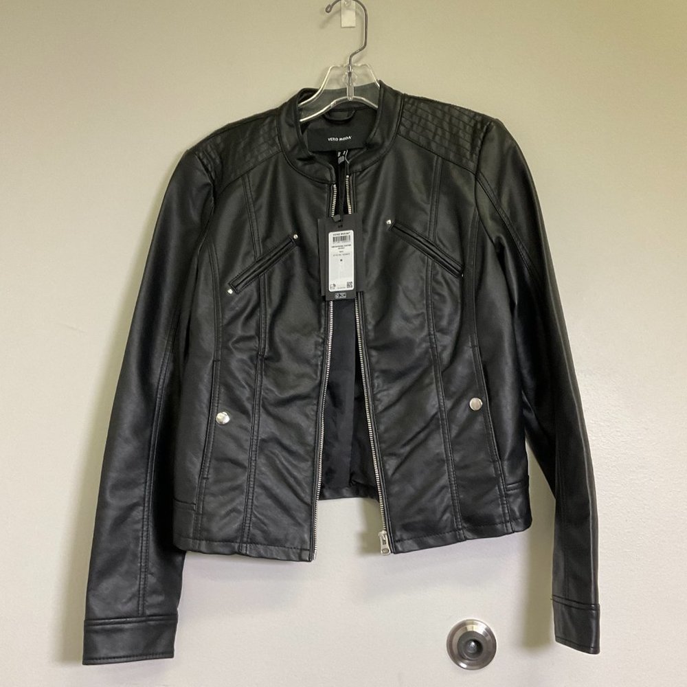 Vero Moda Womens Black Leather Pockets Long Sleeve Motorcycle Jacket Size Medium
